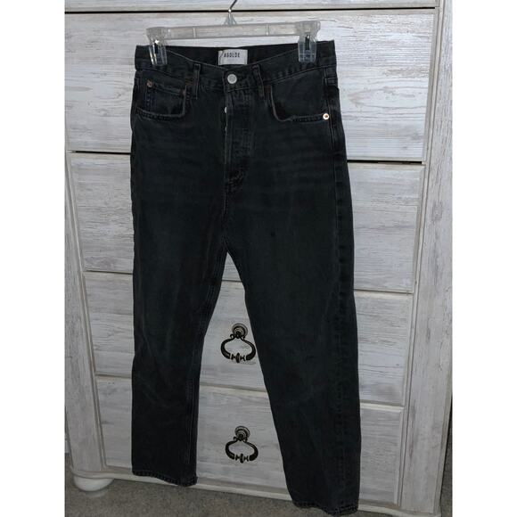 AGOLDE Riley Faded Black Frayed Leg Button Fly Jeans - Picture 2 of 9